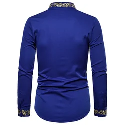 Men's Royal Blue Gold Embroidery Dress Shirts Brand Mandarin Collar Slim Fit Long Sleeve Shirt Men Party Wedding Dinner Chemise