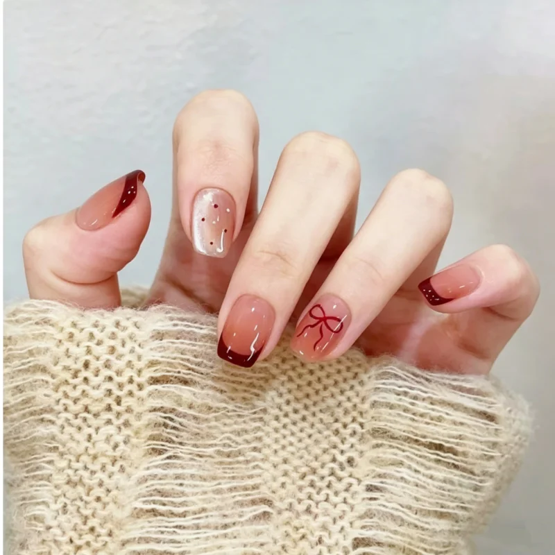 

30Pcs Fake Nails Red French Manicure Cat-Eye Bow and Polka Dot Designs Press-On Nails Perfect As A Gift for Girls and Friends
