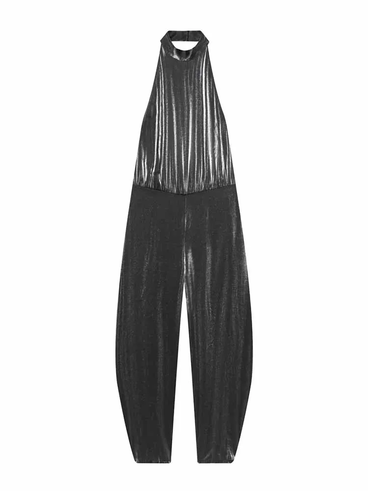 

HH Woman Summer Trend Fashion Halter Collar Pleated Decoration Backless Sleeveless Zipper Puffy Jumpsuit Female Casual Jumpsuit