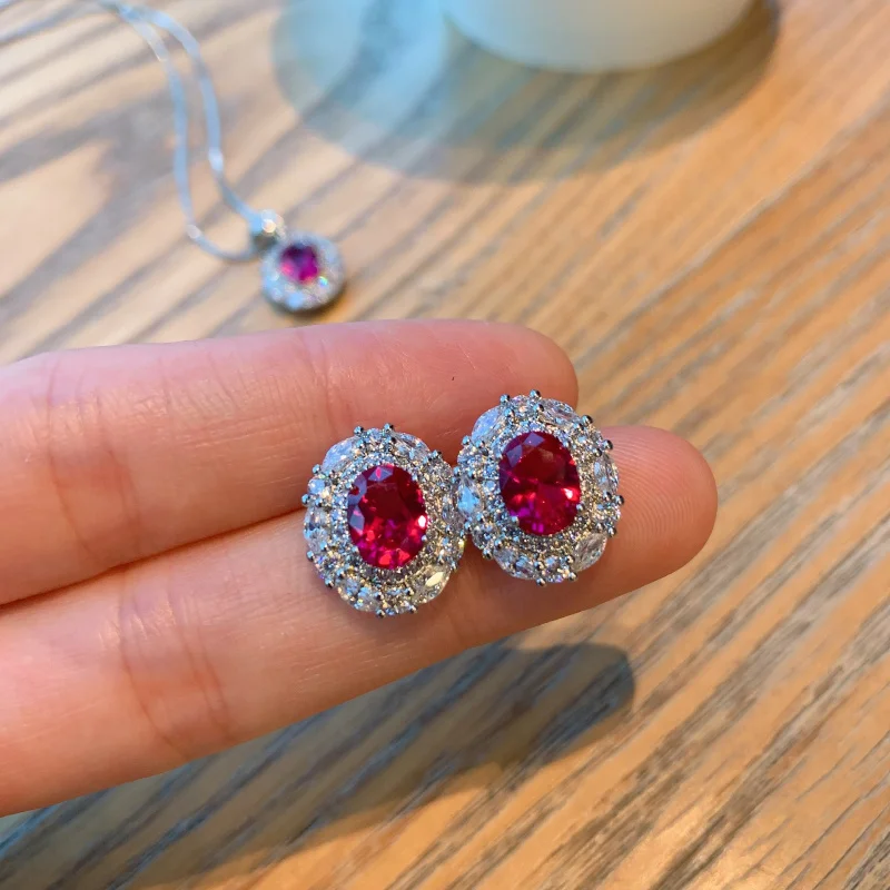 Jewelry Pigeon Blood Ruby Necklace European and American Exaggerated Colorful Gemstone S925 Silver Needle Earrings Banquet Jewel