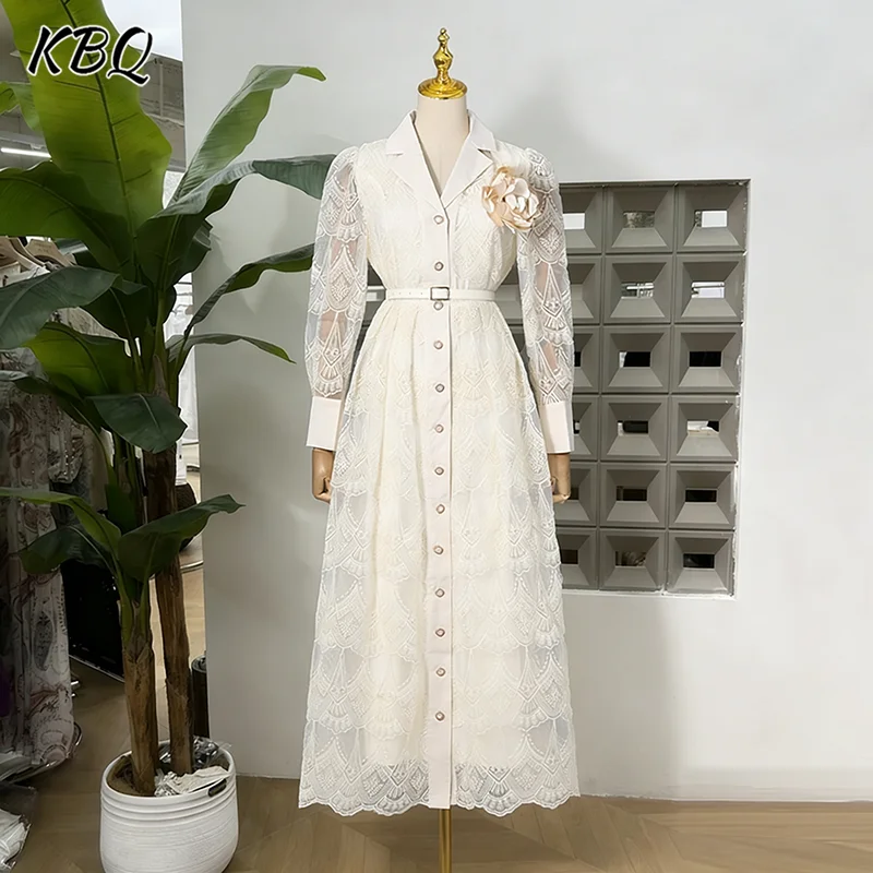 KBQ-vestidos sexis de encaje liso con apliques empalmados para mujer, vestido calado con temperamento de cintura alta y manga larga con cuello en V para mujer