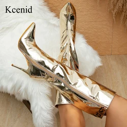 Kcenid Gold Women Knee High Boots Smooth Patent Leather Solid Pointed Toe Stiletto Heels Shoes Fashion Zip Long Booties Female