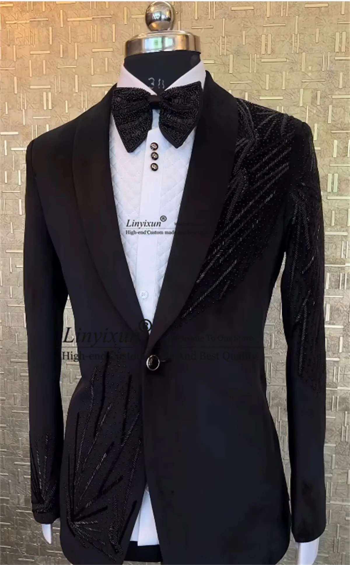 Formal Black Men Suits With Glitter Beaded Crystals Groom Wedding Tuxedos 2 Pieces Sets Male Prom Blazer Slim Fit Costume Homme