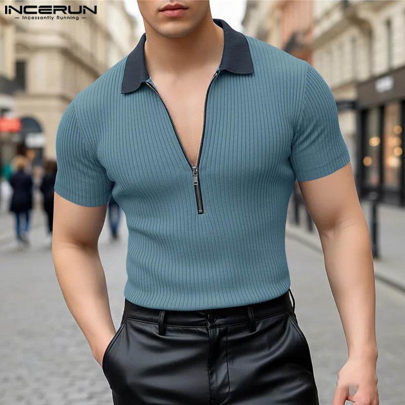 INCERUN Men Shirt Knitted Patchwork Lapel Short Sleeve Zipper Men Clothing Tops Summer Streetwear Color-block Fashion Camisas