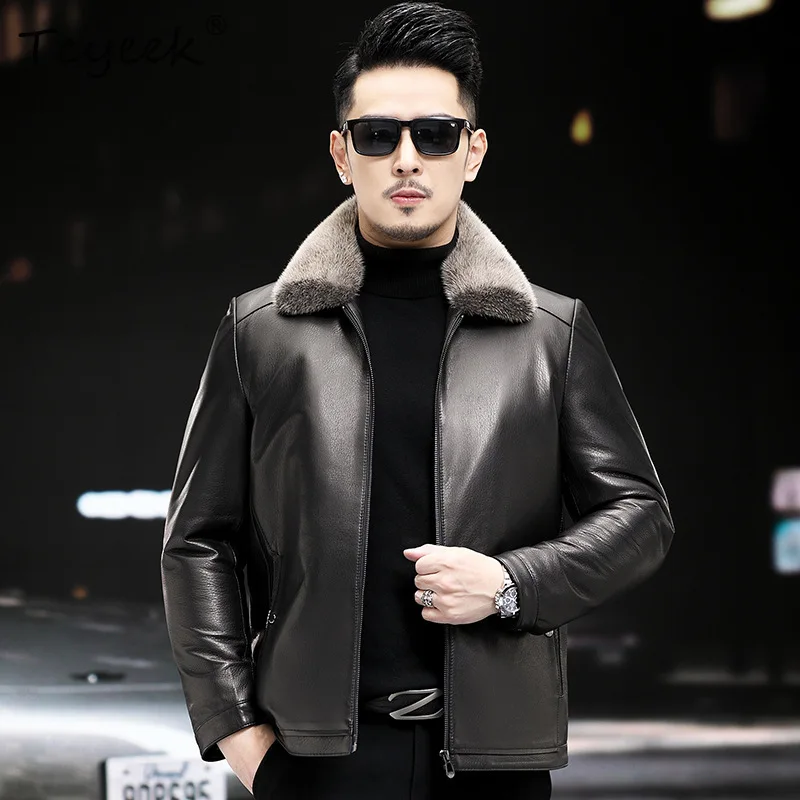 Tcyeek معطف فرو المنك الطبيعي الرجال الملابس الشتوية الشظية الأزرق المنك الكامل 2025 الطبقة العليا جلد الماعز سترة جلدية حقيقية معاطف رجالي