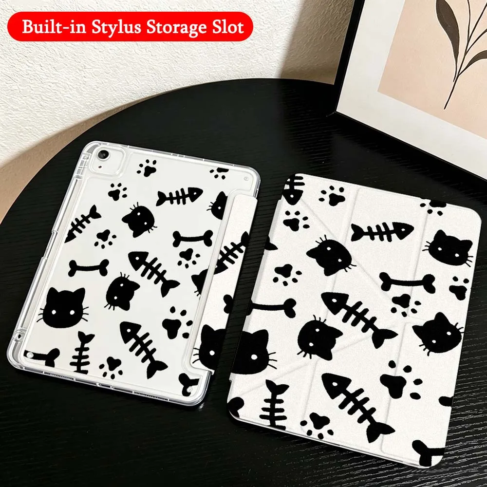 

Cartoon Cat Fish Bone For iPad Mini Pro Air 5 6 7 8 9 10th 11th 11 9.7 10.9 13 inch Transparent Y-Shaped Folding Tablet Case