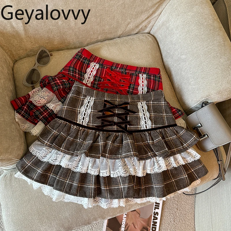 

Sweet Woolen Plaid Lace Fluffy Cake Short Skirt Women's Autumn and Winter New High-waisted A-word Hip-wrapped Casual Skirts