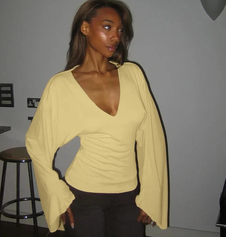 

V-neck Flare Long Sleeve T-shirts for Women Autumn Fashion Solid Basic Slim Tops Tees Female Streetwear Chic Tshirts