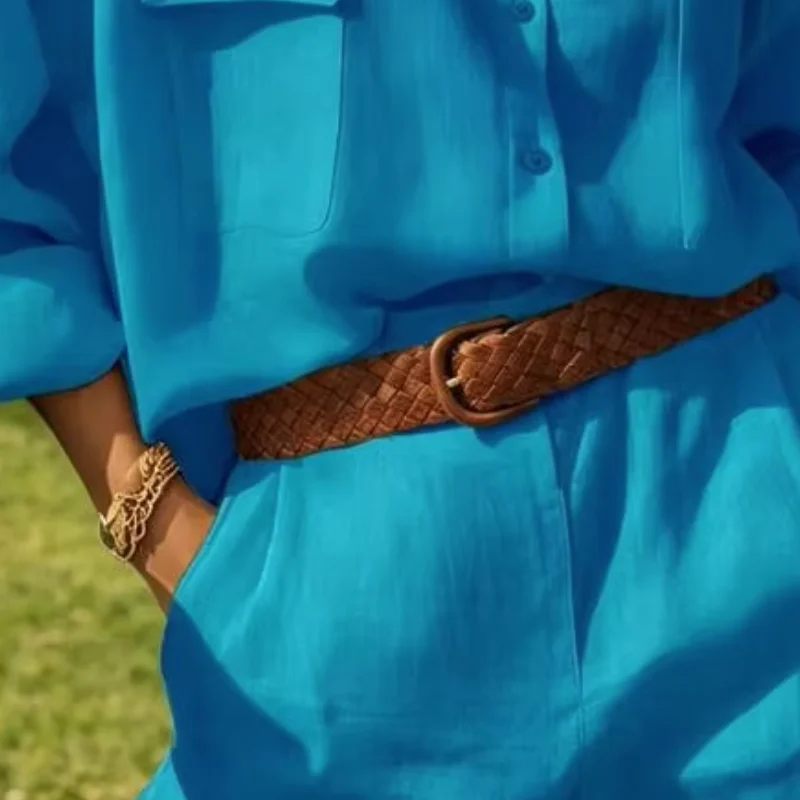 

Women Summer Casual Suit Long Sleeve Button Down Shirts And Shorts Set Casual Vacation Spring Summer Fall Outfit