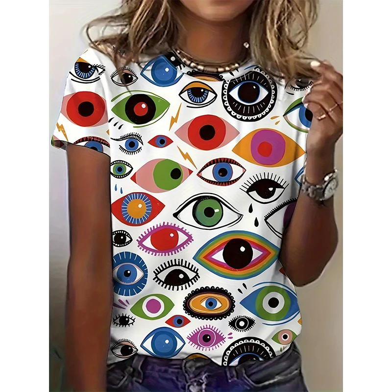 Funny Geometric Eye 3D Print T-Shirts Women's Fashion Casual Short Sleeve T Shirt O-Neck Tees Harajuku Y2k Tops Female Clothing
