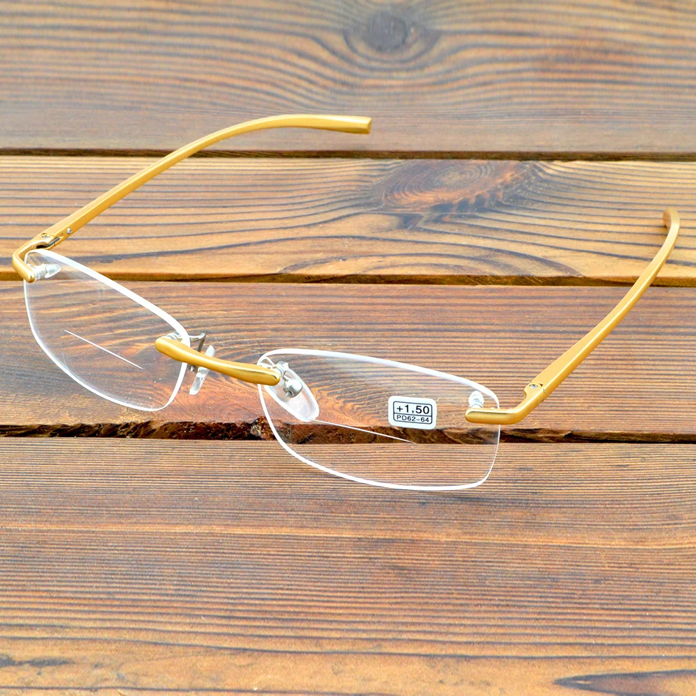 

Al-mg Alloy Rimless Frame Oval Lenses Gold Color Spectacles See Near N Far Bifocal Reading Glasses +0.75 To +4