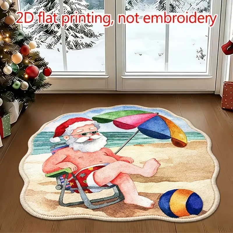 VIKAMA Christmas Area Rug Santa Claus Beach Chair Sunglasses Umbrella Beach Ball Funny Non Slip Floor Decor Holiday Washable