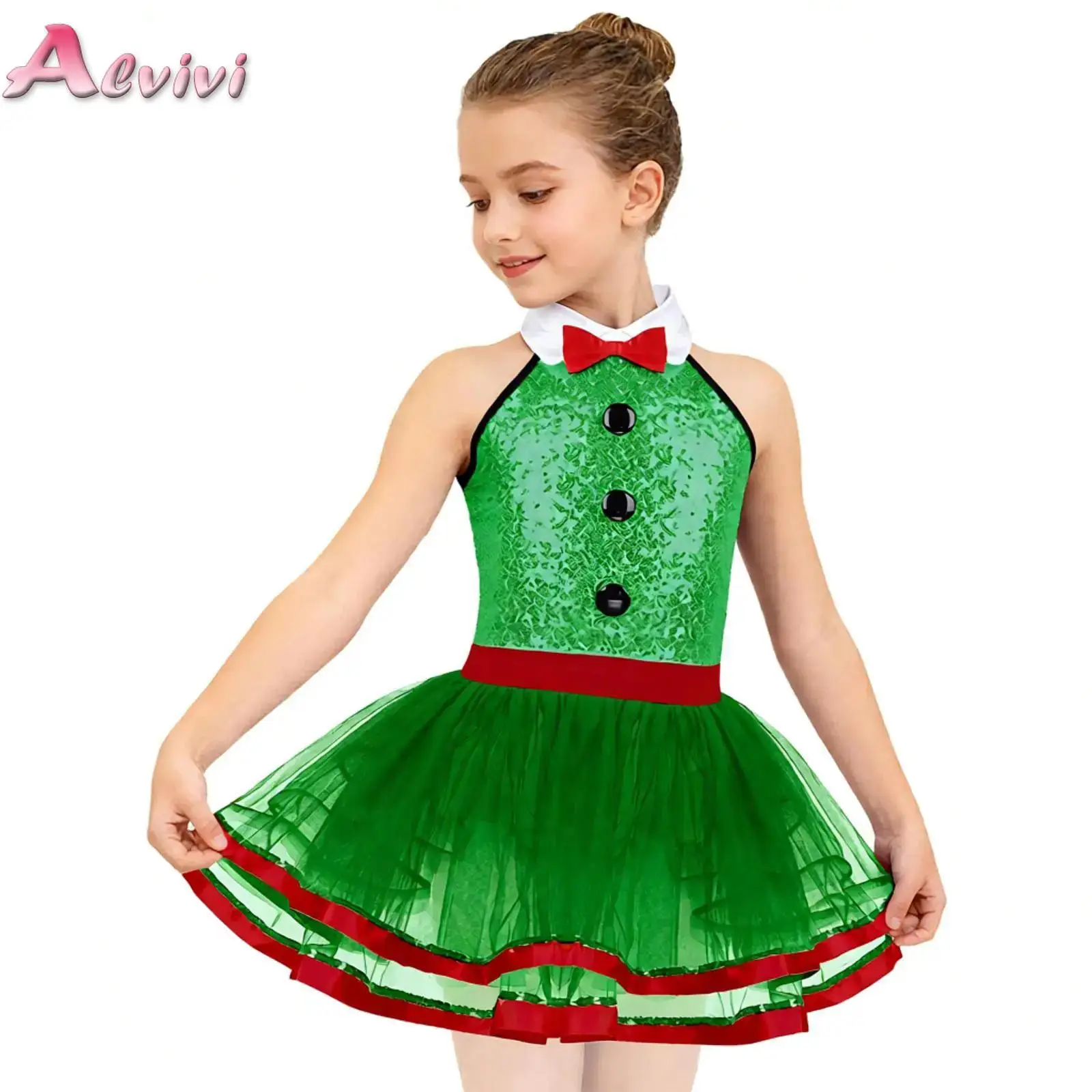 Kids Girls Sleeveless Shiny Sequins Buttons Ballet Dance Gymnastics Leotard Mesh Tutu Dress Modern Dance Performance Costume