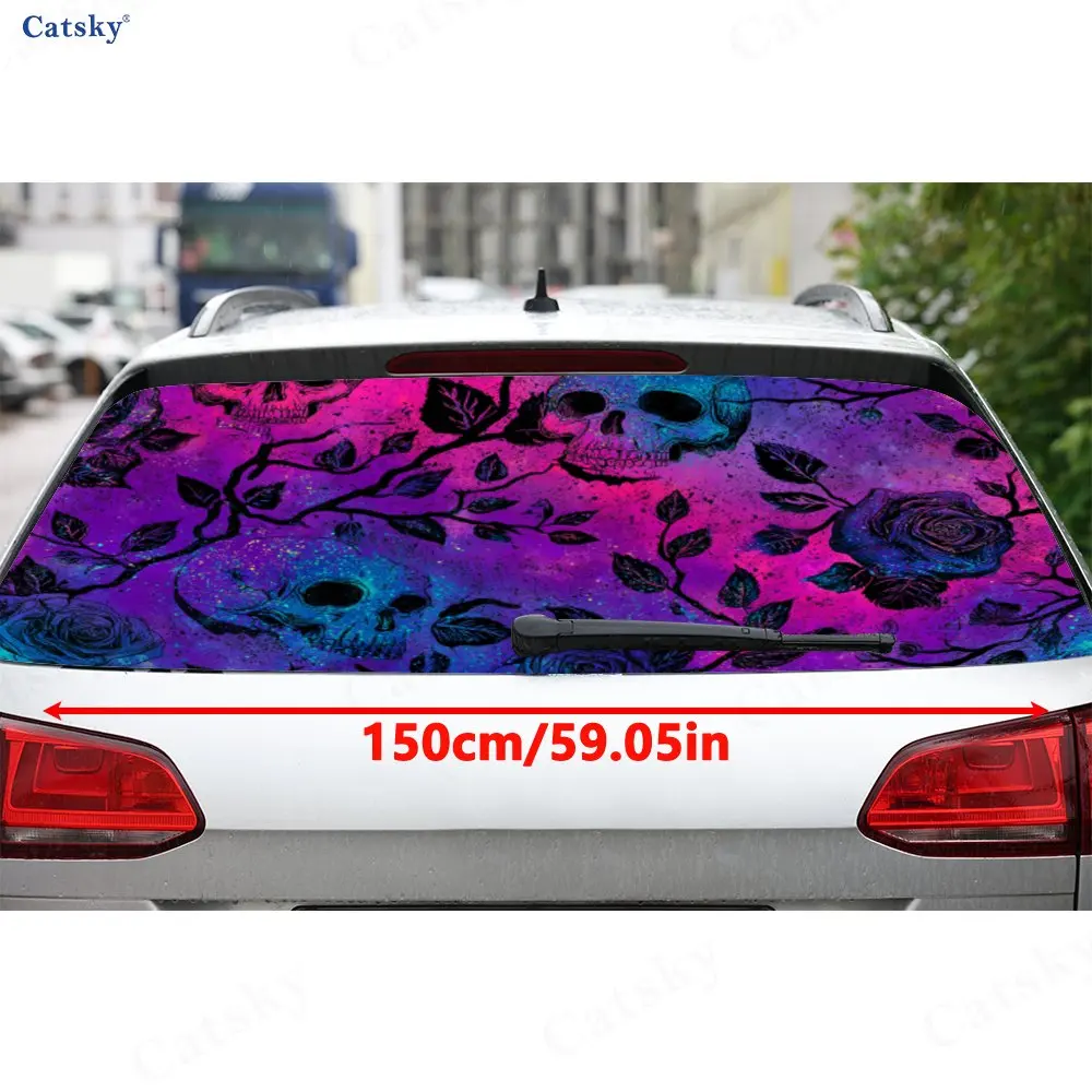 Purple Fantasy Skull & Rose PVC Perforated Car Vinyl Wrap, Durable Car Rear Windshield Sticker, Waterproof Car Rear Window Decal