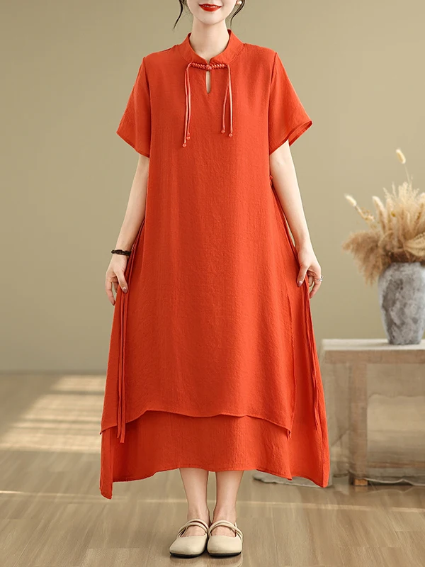 Verão novo estilo chinês retro aodão linho vestido de manga curta f gola dupla camada  saia midi vestido