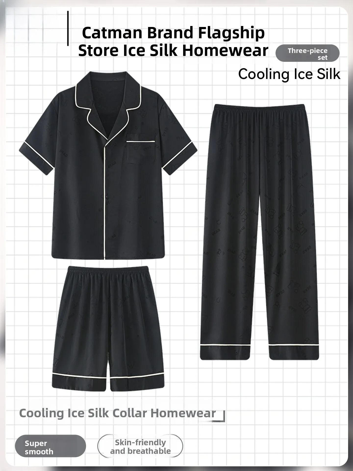 men's-ice-silk-sleepwear-thin-short-sleeve-long-pants-home-clothes-three-piece-set-summer-breathable-comfortable-polyester-fiber