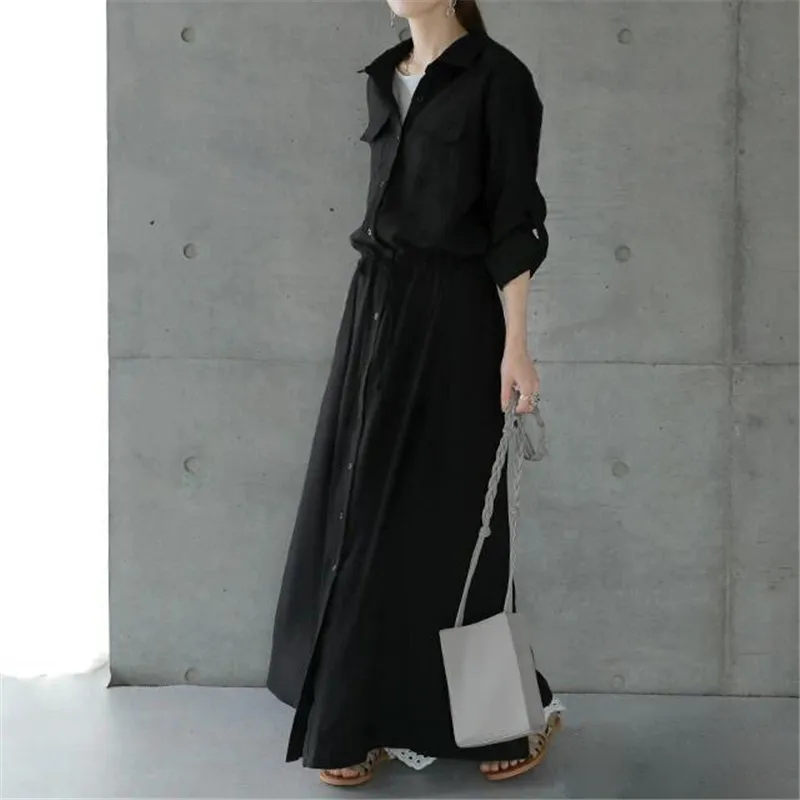 

Women Solid Color Long Shirts Dresses Fashion Casual Lapel Long Sleeve Drawstring Elastic Waist Dress Female Commuting Clothing