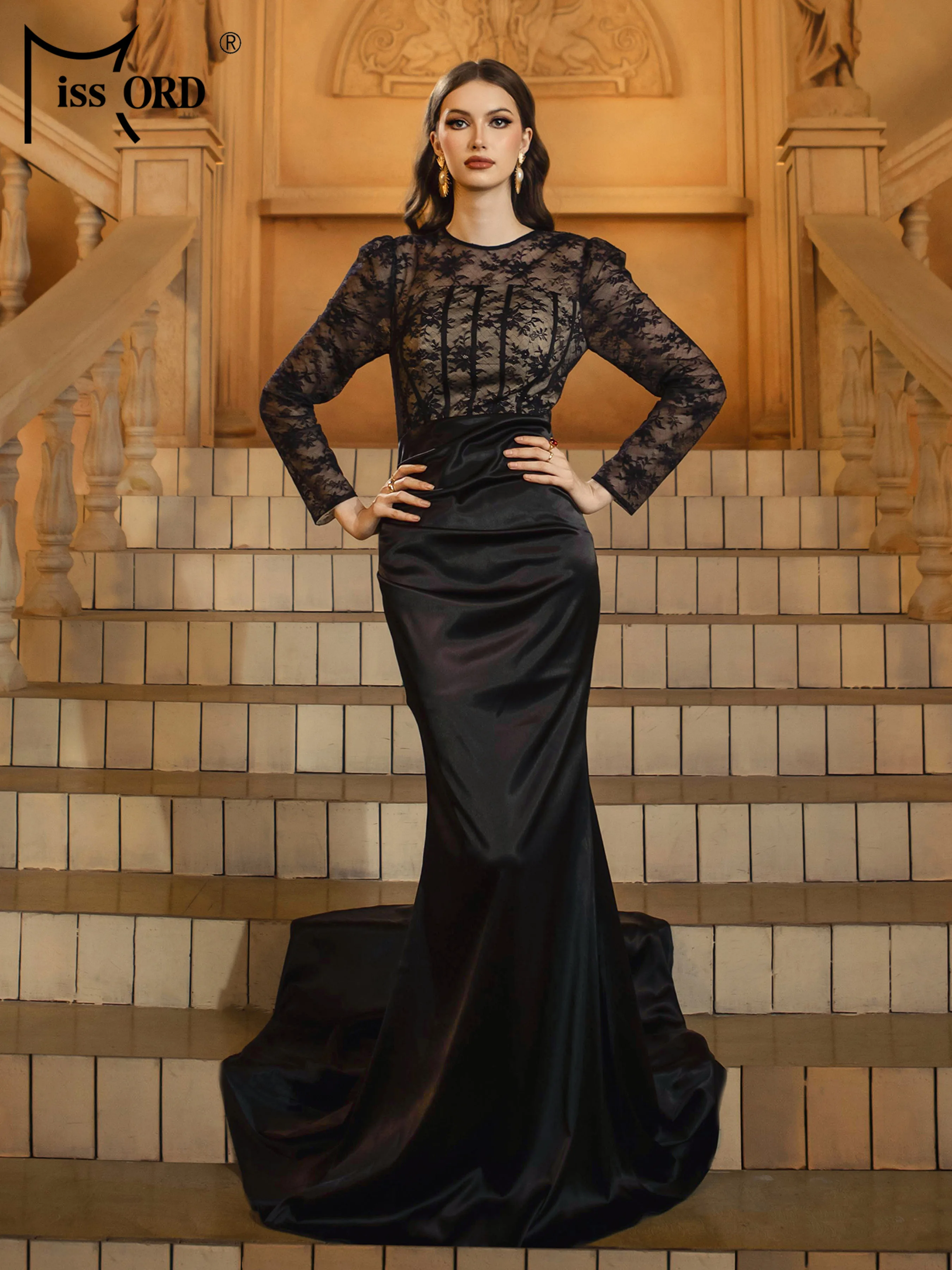 

Missord 2026 New Black Mermaid Evening Gown Round Neck Long Sleeves Wedding Banquet Birthday Party Floor Length Dress
