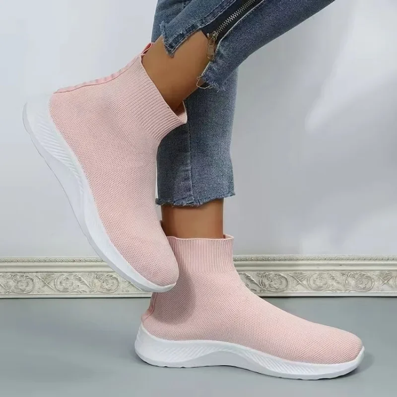 High Top Breathable Knitted Flats Women Autumn Slip on Non-slip Casual Shoes Woman Plus Size 43 Thick Bottom Sock Shoes