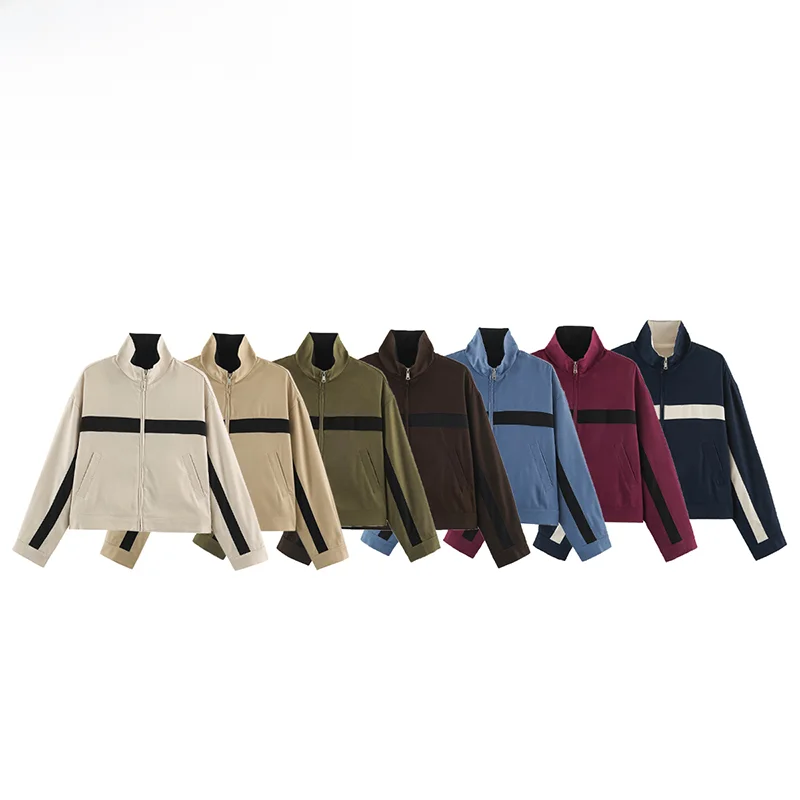 Fashionable Stand Collar Color Block Zipper Jacket Women's Standard Fit Polyester Short Outerwear Versatile Design Autumn New...