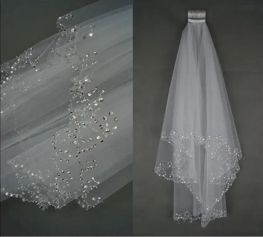 Voile de mariage court blanc ou ivoire avec bord en cristal, peigne perlé, pour patients de la mariée