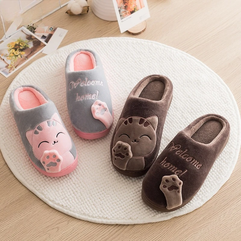 Zapatillas de lana para otoño e invierno, fregona de algodón para el hogar, pantuflas antideslizantes de terciopelo cálido para mujer, zapatos bonitos de dibujos animados para parejas