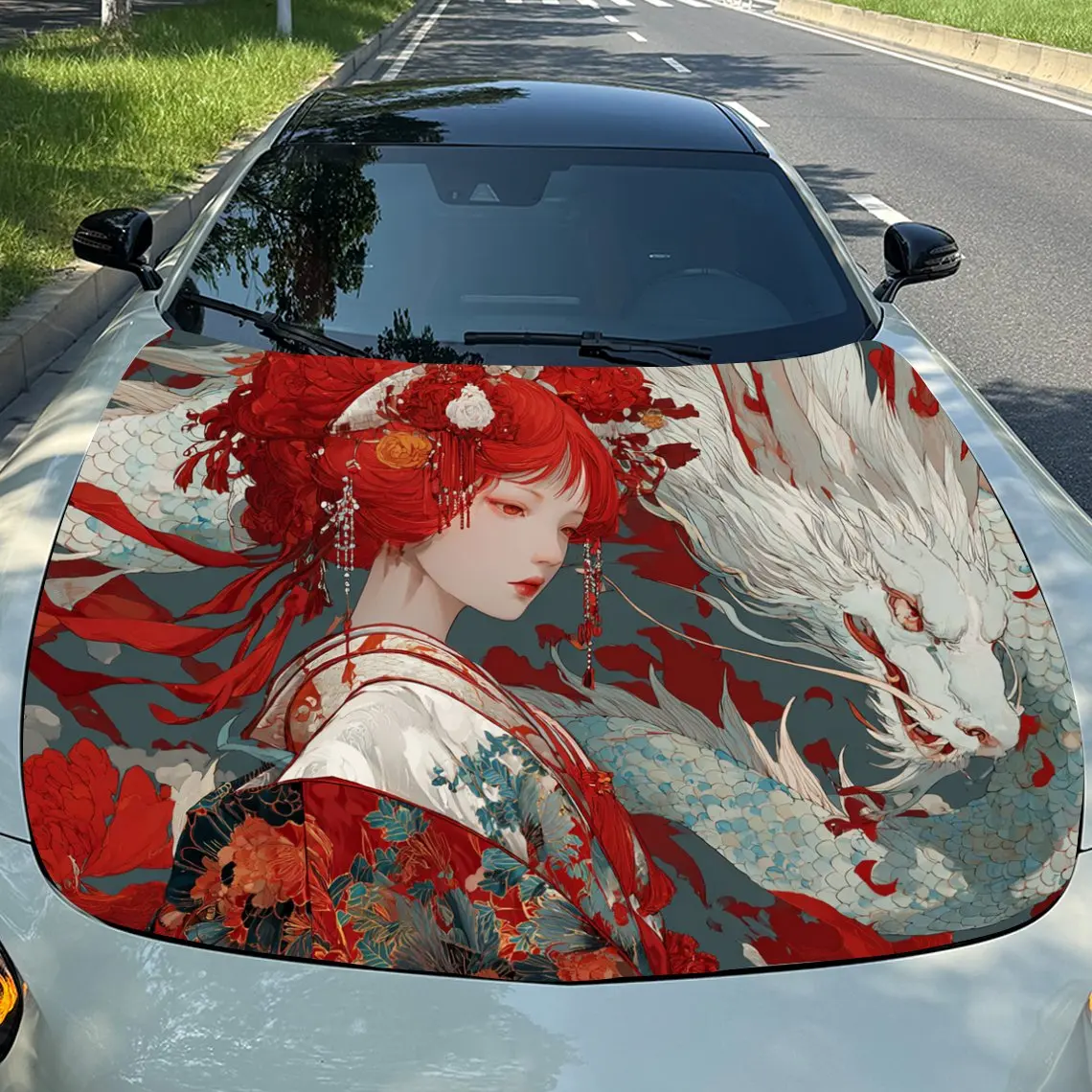 

Kimono Girl And Dragon PVC Car Vinyl Wrap - Self-Adhesive Waterproof Hood Decal Sticker,Durable Protection For Trucks, Cars, SUV