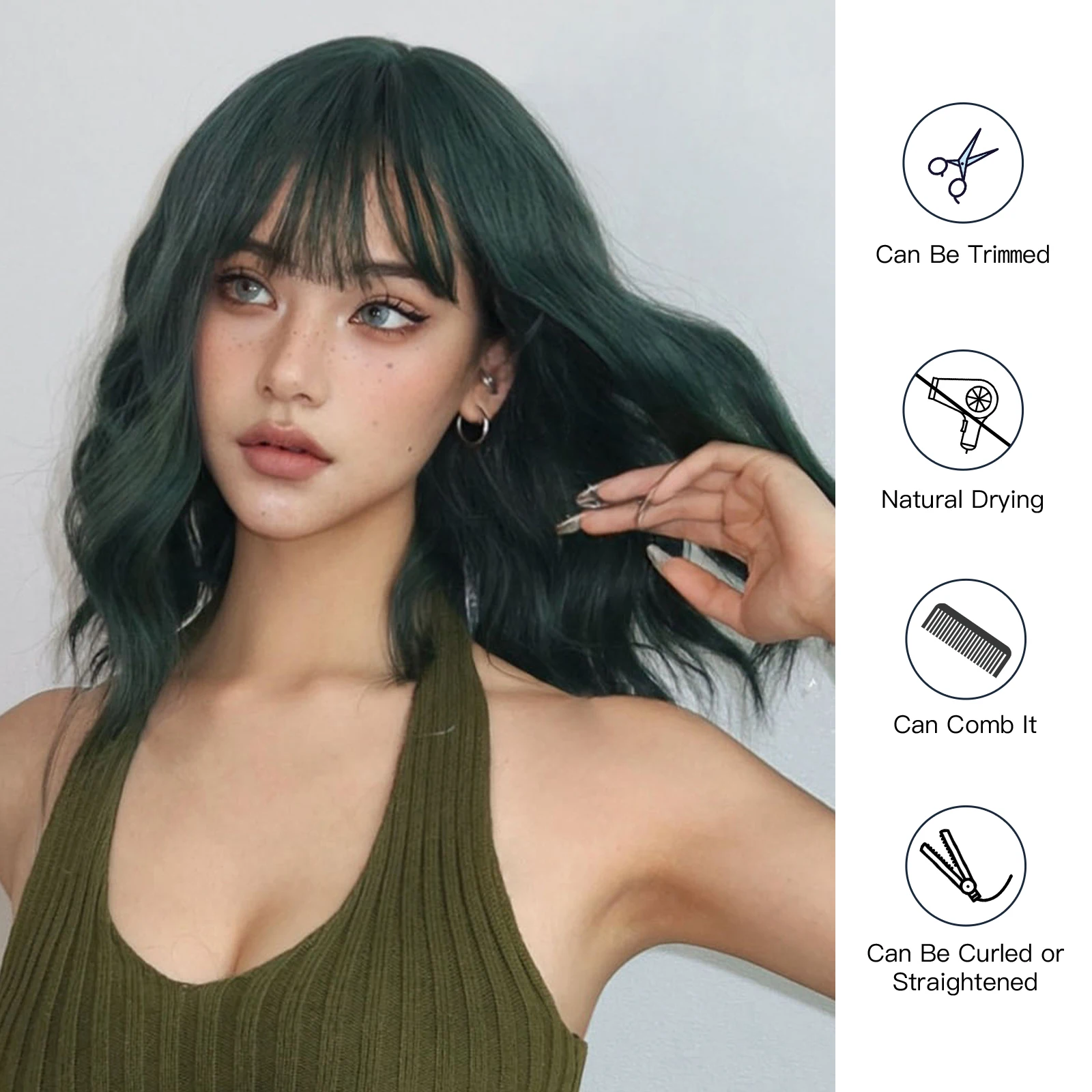 Bob Curly Green Black Synthetic Wigs Short Fluffy Wavy Cosplay Halloween Wig with Bangs for Women Natural Hair Heat Resistant