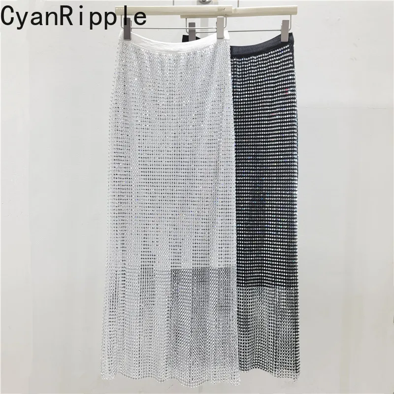 Fashion Lady New Spring Summer Glass Drill Perspective Ultra Long Skirt Shiny Diamonds Elastic Waist Sexy Nightclub A-line Skirt