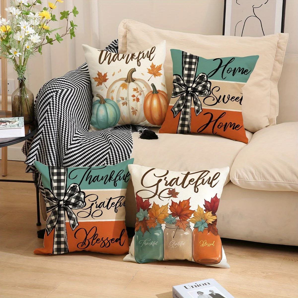 Thanksgiving Autumn Fall Decorative Pillow Covers Set 4 Pieces Printed Thankful Grateful Blessed Pumpkin Harvest Seasonal Home D
