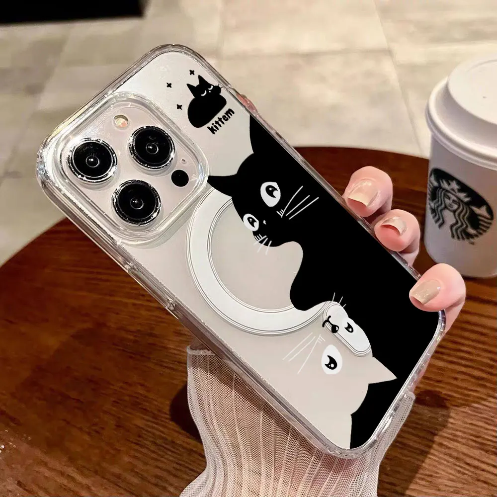Black Panda Cat Phone Case For iPhone 16 17 15 Pro Max 13 14 12 11 Pro Max 16 15 14 Plus Air 16E 17E Magnetic SIlicone Cover
