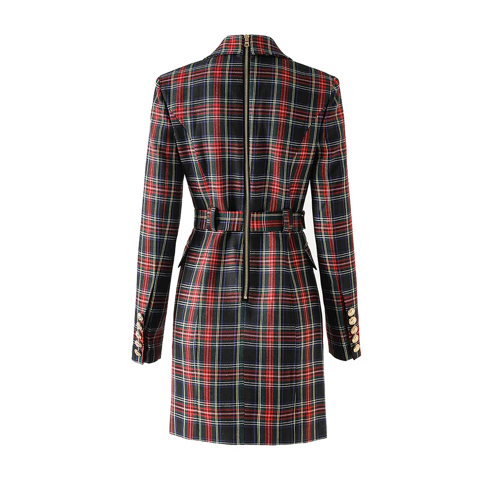 2024 stile Vintage nero rosso Plaid primavera autunno stile elegante Lady Women Slim Office Blazer Dress con cintura