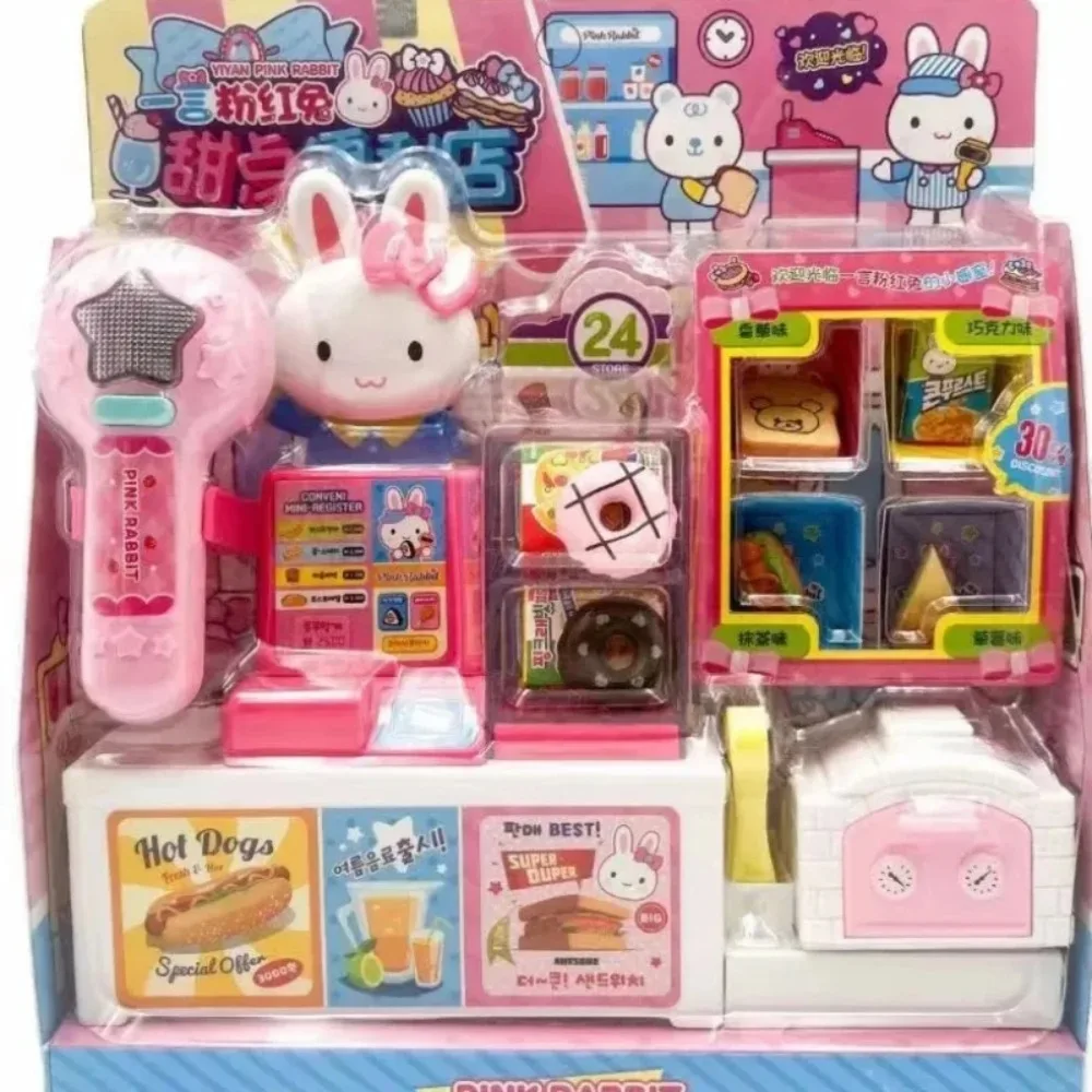 Figuras de conejo rosa, refrigerador de cocina, Mini mesa de maquillaje, carrito de compras para fiesta, equipo médico simulado, juego de escena, juguete