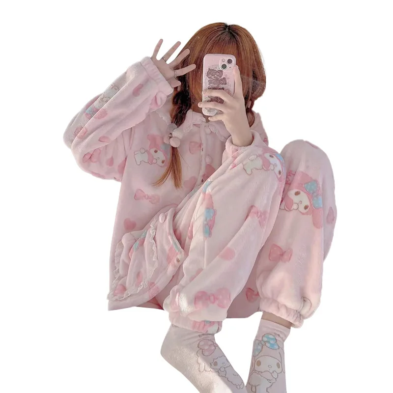 Hot Kawaii My Melody Coral Velvet Pajamas Girls Cute Tops Pants Plus Velvet Thickened Autumn Winter Home Clothing Casual Suit