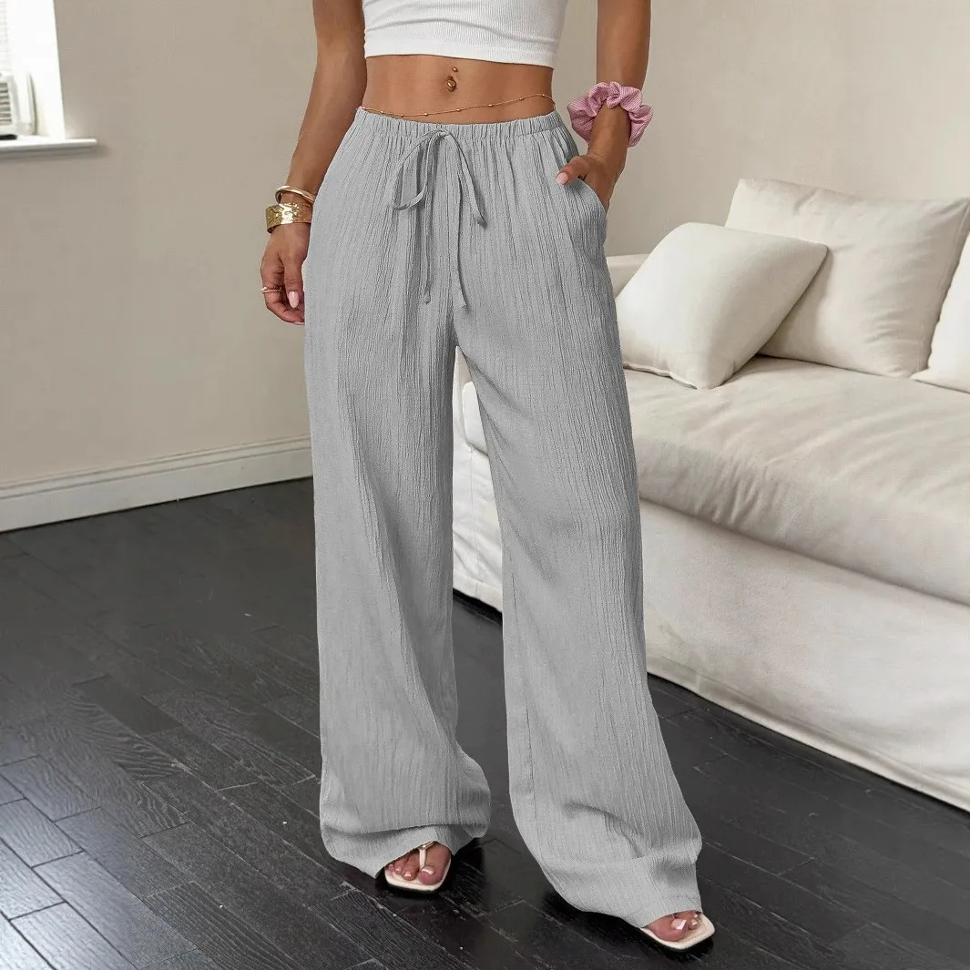 Plaid Casual Pants Wide Leg with Sequins Full Length High Temperature Setting Distressed Drawstring Low Waist for Women