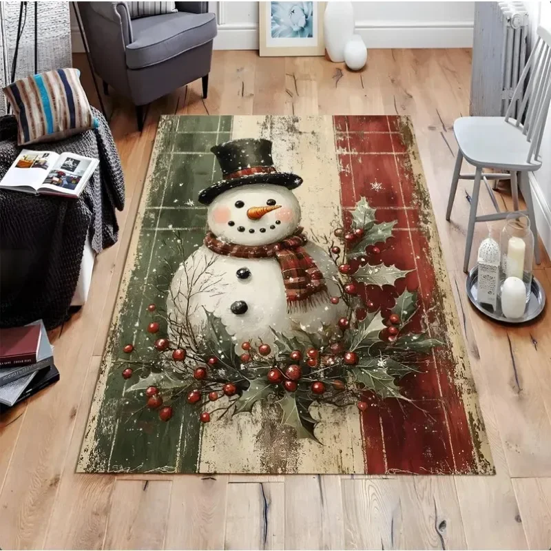 Vintage Plaid Snowman Area Rug, Holly Berry Print Floor Mat, Rustic Christmas Accent for Living Room, Holiday Home Decor
