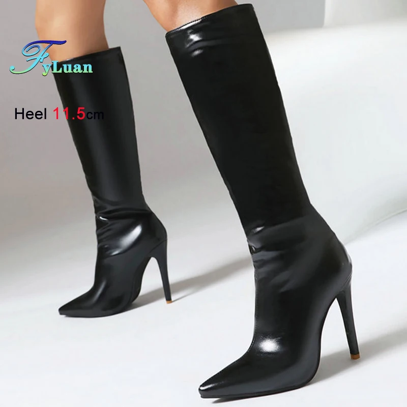 

2025 Осенне-зимние черные женские рыцарские сапоги на тонком высоком каблуке 11,5 см, сапоги до колена с острым носком, женские туфли-лодочки, длинные сапоги, размер 46