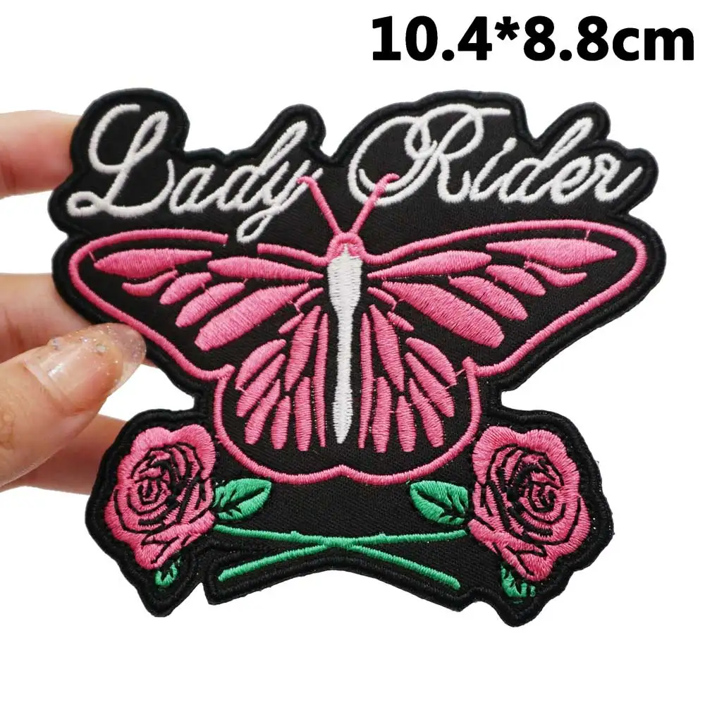 LADY RIDER Badge Embroidered Applique Sewing Label punk biker Patches with hook backing