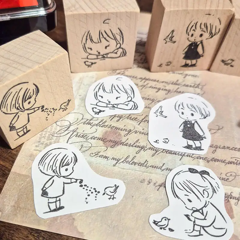 ختم سكرابوكينغ Kawaii فتاة وطيور قصة الطفولة الذاكرة مذكرات الديكور المجلات لطيف فتاة طوابع خشبية #3