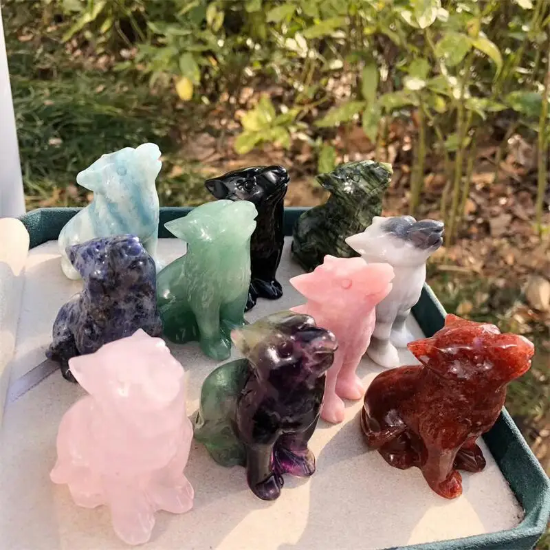 Natural Crystal Quartz Wolf Carving Animal Figurine Healing Energy Gemstone Crystal Crafts For Christmas Gift 1PCS