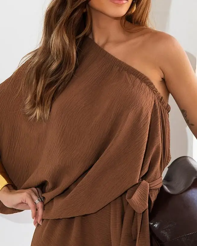 Jumpsuit Women 2025 Spring New Solid Color Cold Shoulder Batwing Sleeve Waist Lace Up Long Jumpsuit Casual Wide Leg Romper