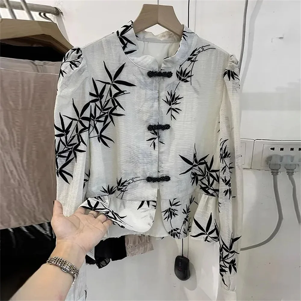 Shirts and Blouses Chinese Style Women's Fashion Long-sleeved Shirt  Buckle Design in National Wind and Bamboo Leaf Print Coat