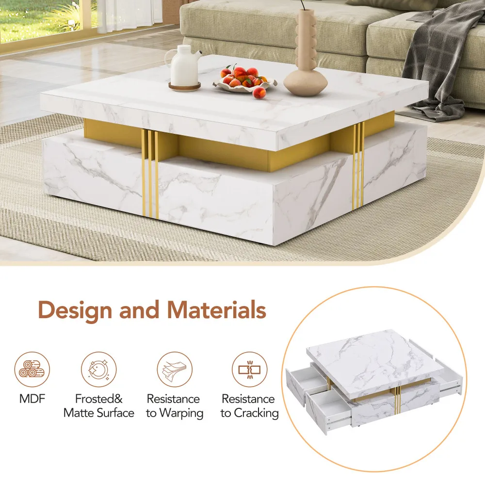 Modern White Square Storage Coffee Table with 4 Drawers for Bedroom Office Apartment Living Room Funiture End Tables