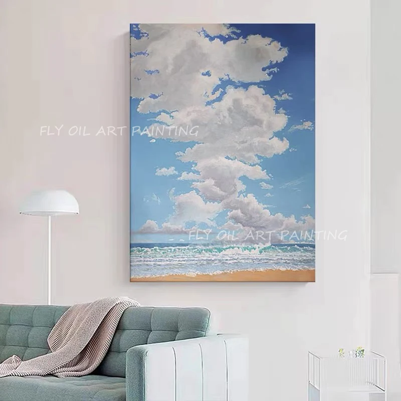 

Blue Sky White Clouds Oil Painting Modern Hand Painted Seascape Blue Ocean Canvas Art Original Design Sea And Beach Art Decor