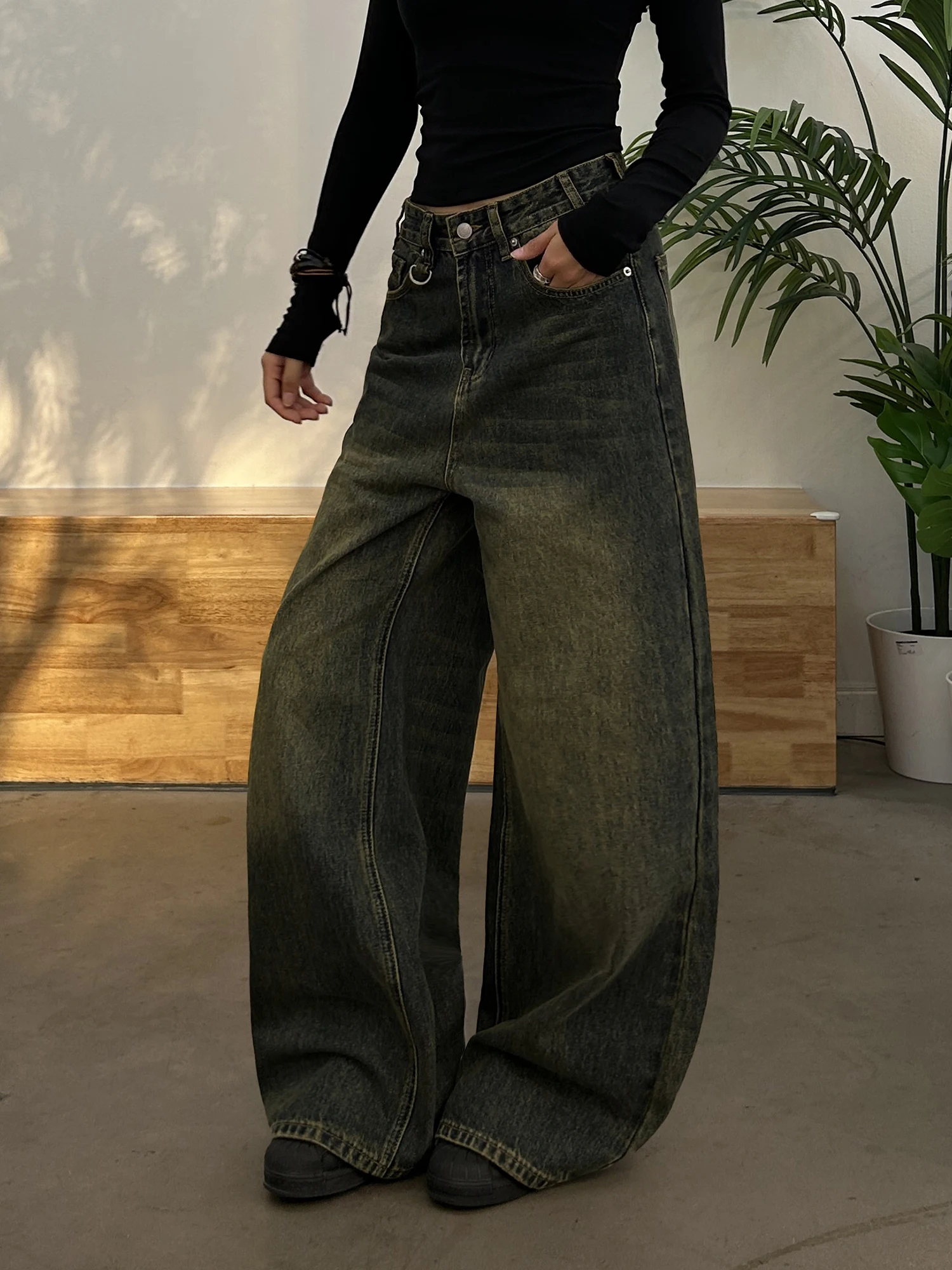 

Американские свободные прямые джинсы American Sle, желтые, с эффектом потертости, винтажные повседневные брюки, универсальные широкие джинсы для женщин