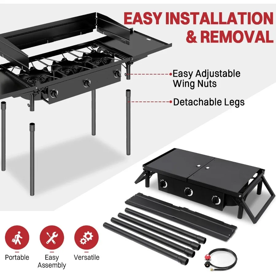 موقد تخييم من البروبان ذو 3 شعلات مع شعلات غاز بقدرة 225000 وحدة حرارية بريطانية للطهي الفعال في الهواء الطلق تتضمن أرفف جانبية للزجاج الأمامي Waterpro #5