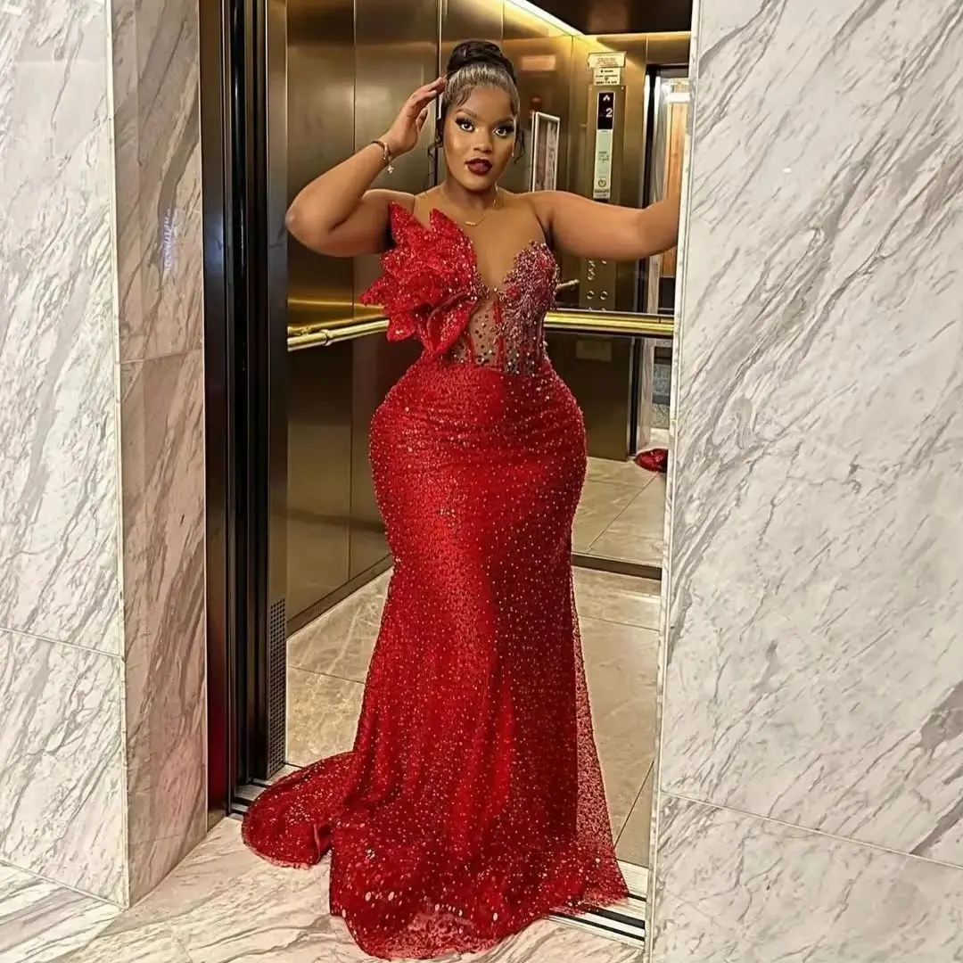 

Sparkle Red Evening Gowns Sequins Beading Lace Ruched Flower African Party Dress Mermaid Aso Ebi Style Trumpet Formal Dresses