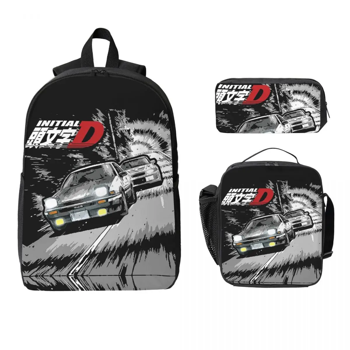 Initial D - Mountain Drift Racing AE86 Backpack Boys Girls BookBag School Bag Shoulder Bags 3ps Insulated Lunch Bag Pencil Case