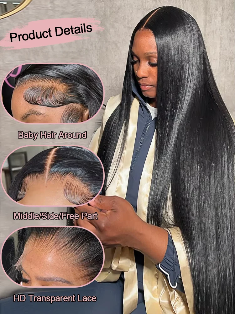 7x5 شعر مستعار مستقيم بدون صمغ 40 46 بوصة شعر بشري برازيلي 13x6 HD الدانتيل شعر مستعار أمامي 300% الكثافة 13x4 قبل قطع الدانتيل للنساء السود