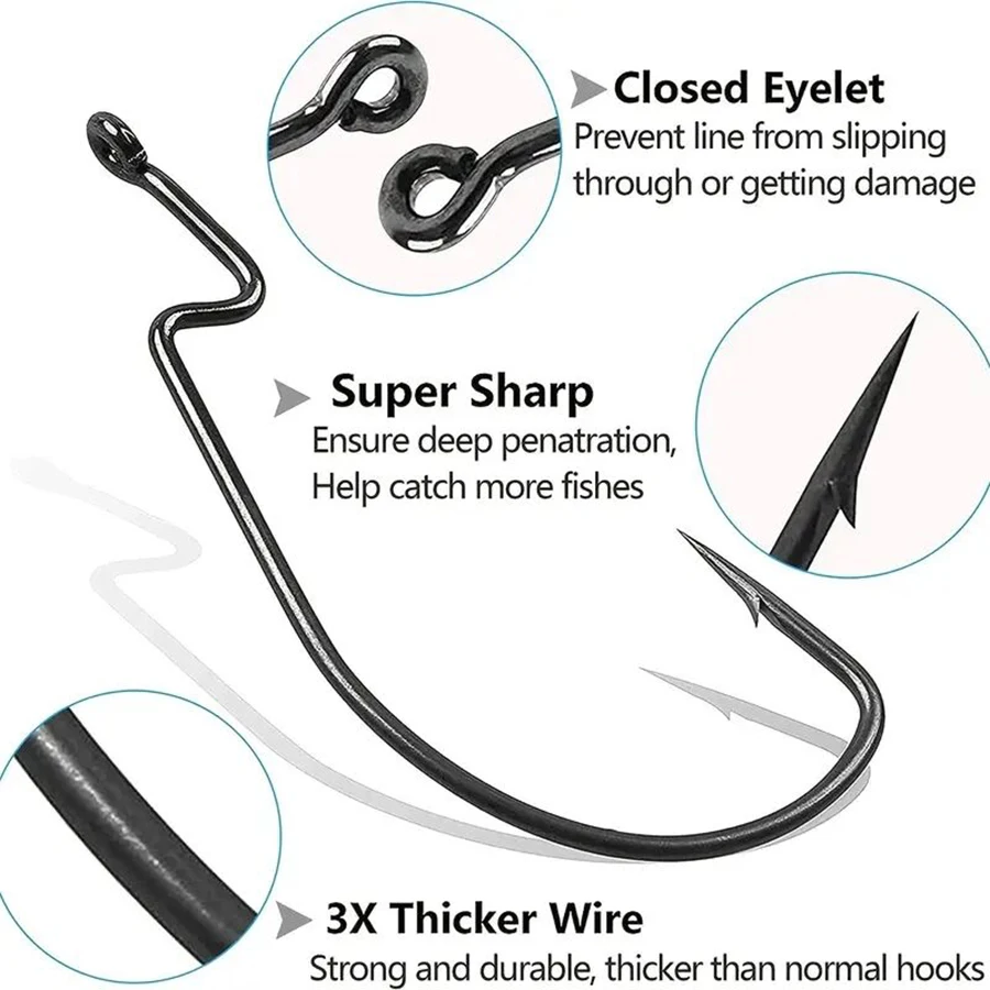 50pcs/box Fishing Hooks Set Crank Barbed Hook High Carbon Steel Wide Gap Offset Fishhook Soft Worm Hook